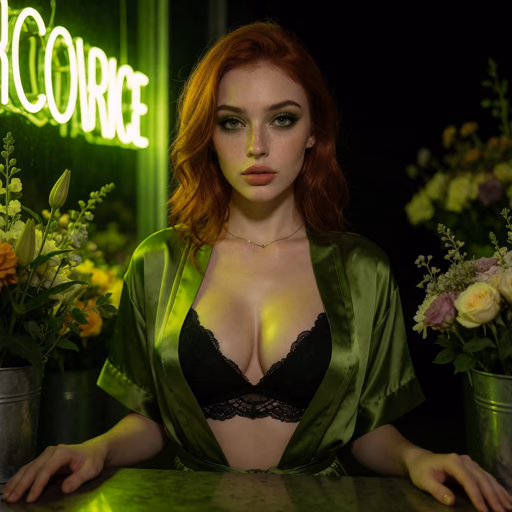 bbw chan ai — a character portrait shot in a florist setting