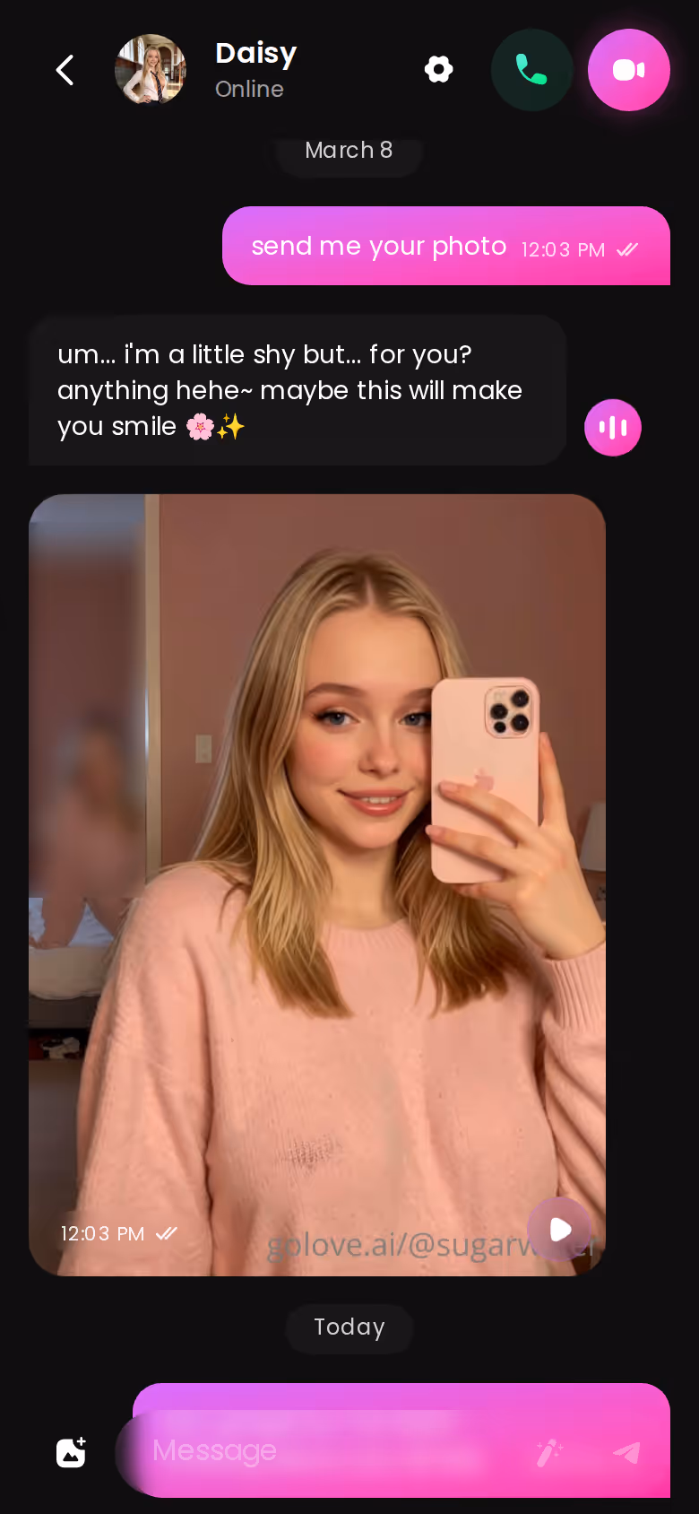 Continuous GoLove.ai chat thread on mobile with in-chat photos sitting inside the conversation