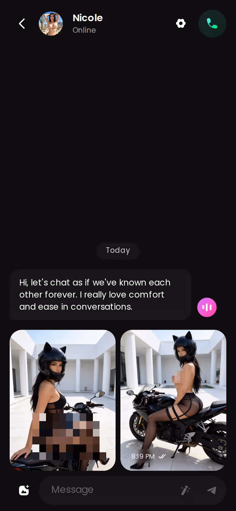 GoLove.ai chat thread running in a phone browser with photos and voice notes