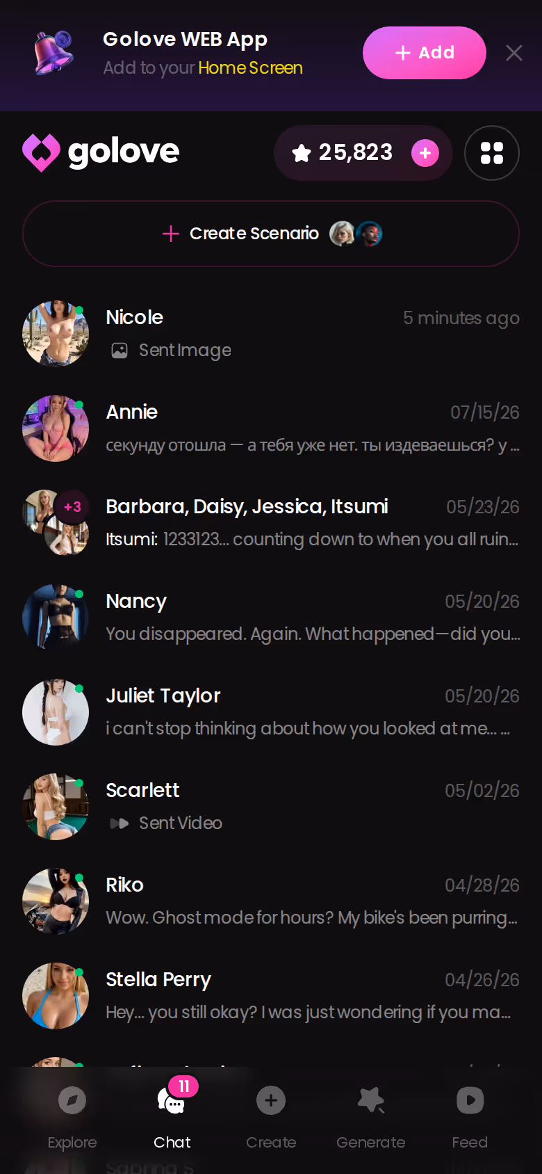 GoLove.ai mobile chats list with several ongoing threads and last-message previews