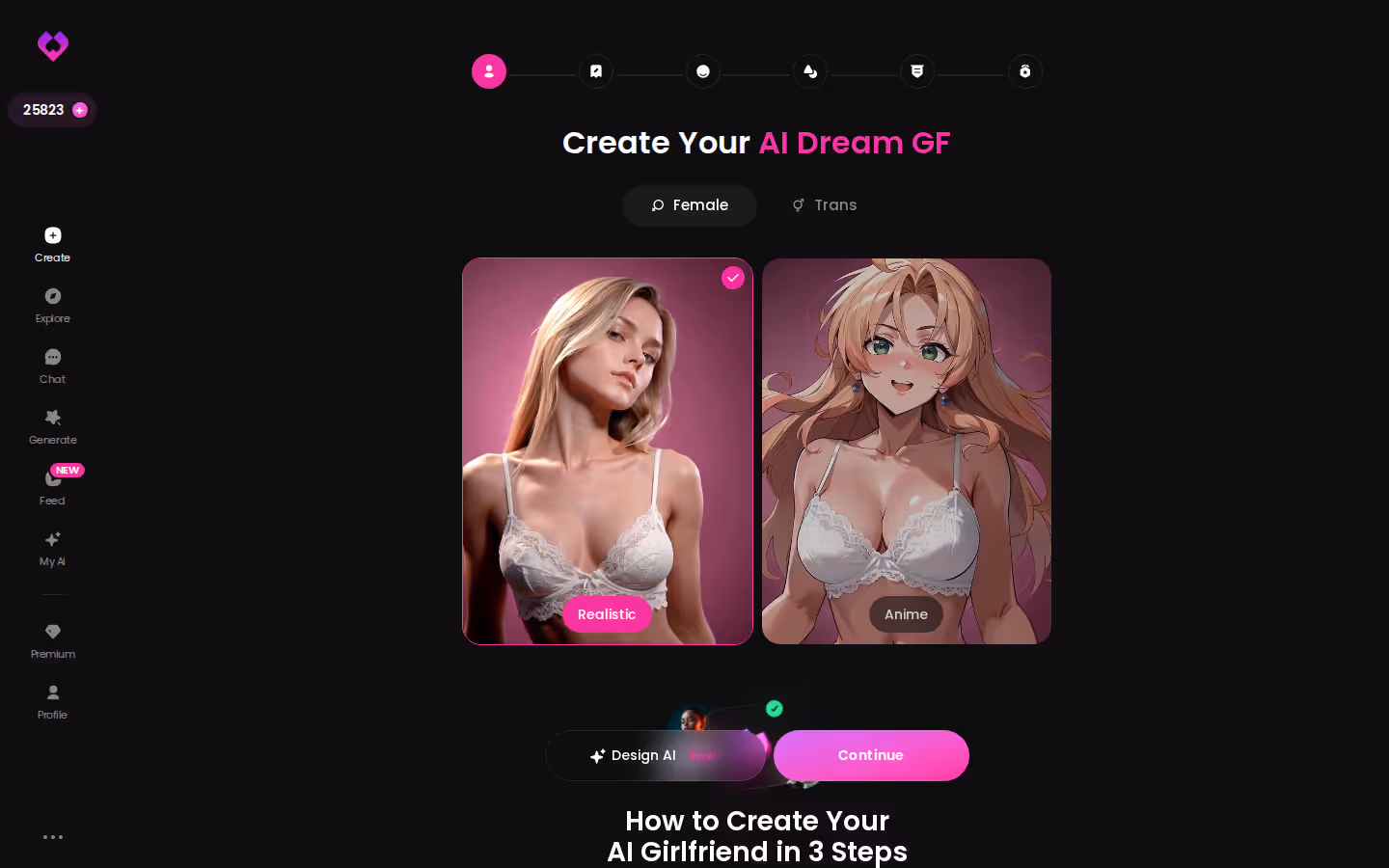 GoLove.ai Create wizard start screen on desktop with Realistic, Anime and Trans options