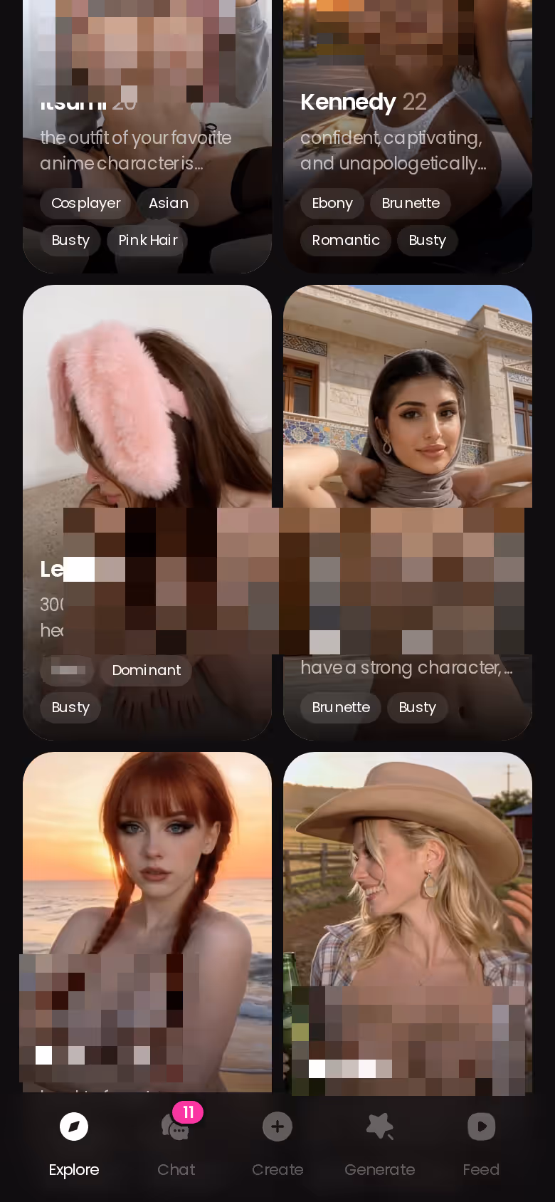 GoLove.ai Explore screen on mobile showing realistic characters you can open a chat with in one tap