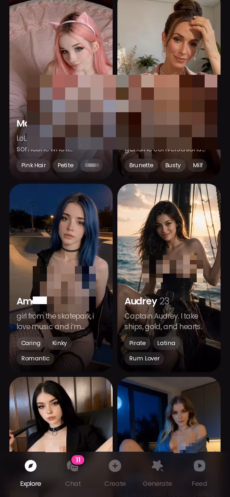 GoLove.ai mobile Explore screen showing the full roster of realistic AI girlfriends a PRO plan opens up