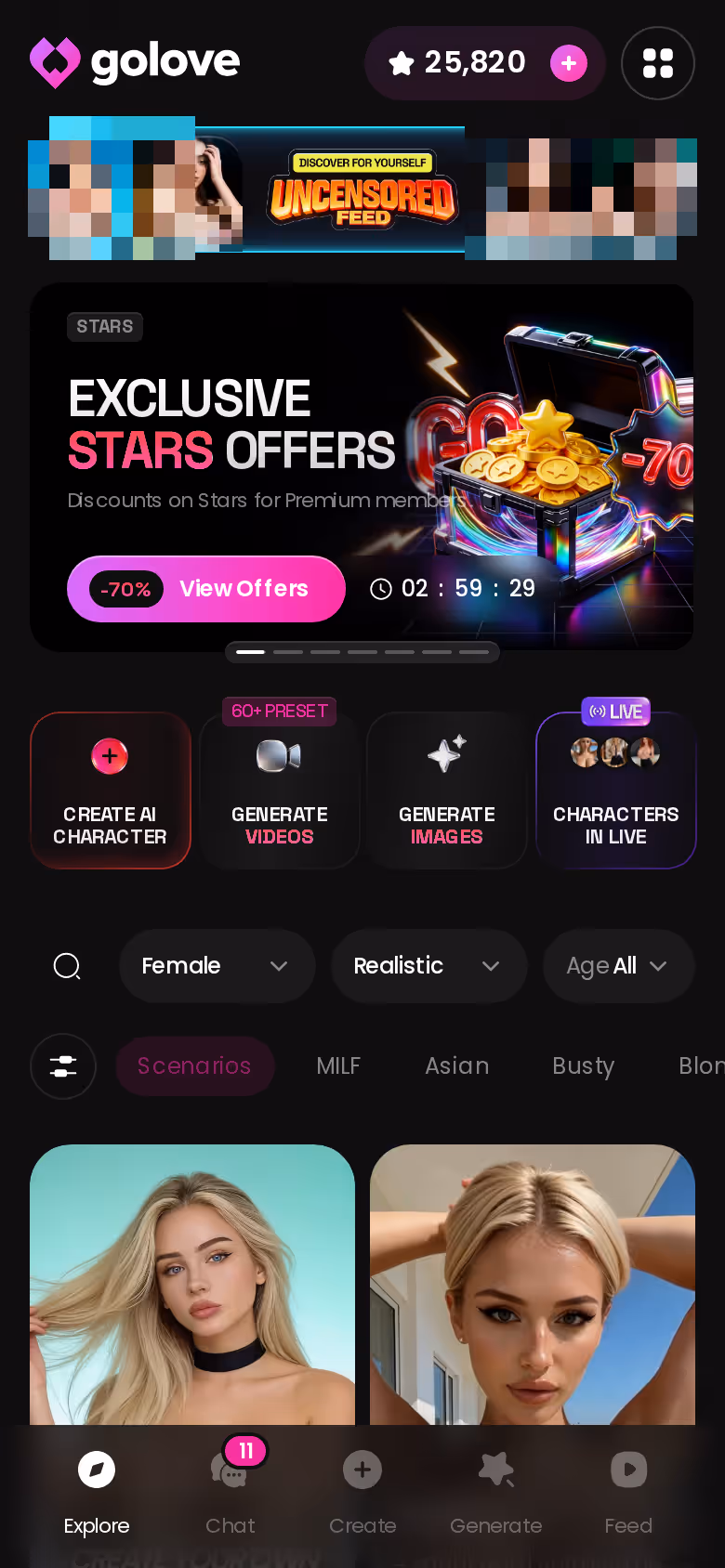 GoLove.ai Explore page on mobile showing realistic dominant AI girlfriend characters to browse