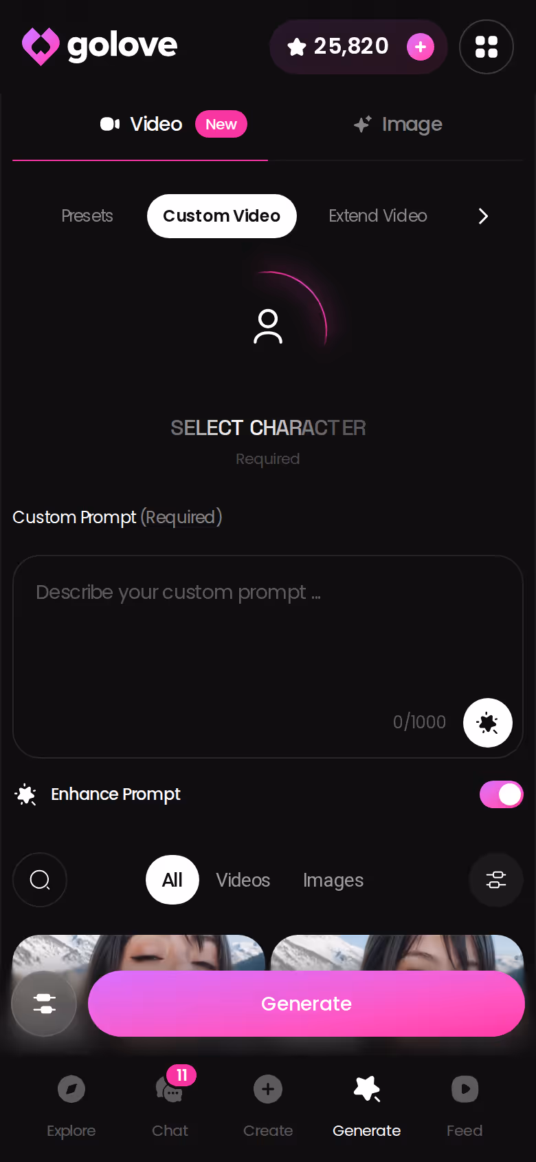 GoLove video generator on mobile with preset action, clothes and background cards