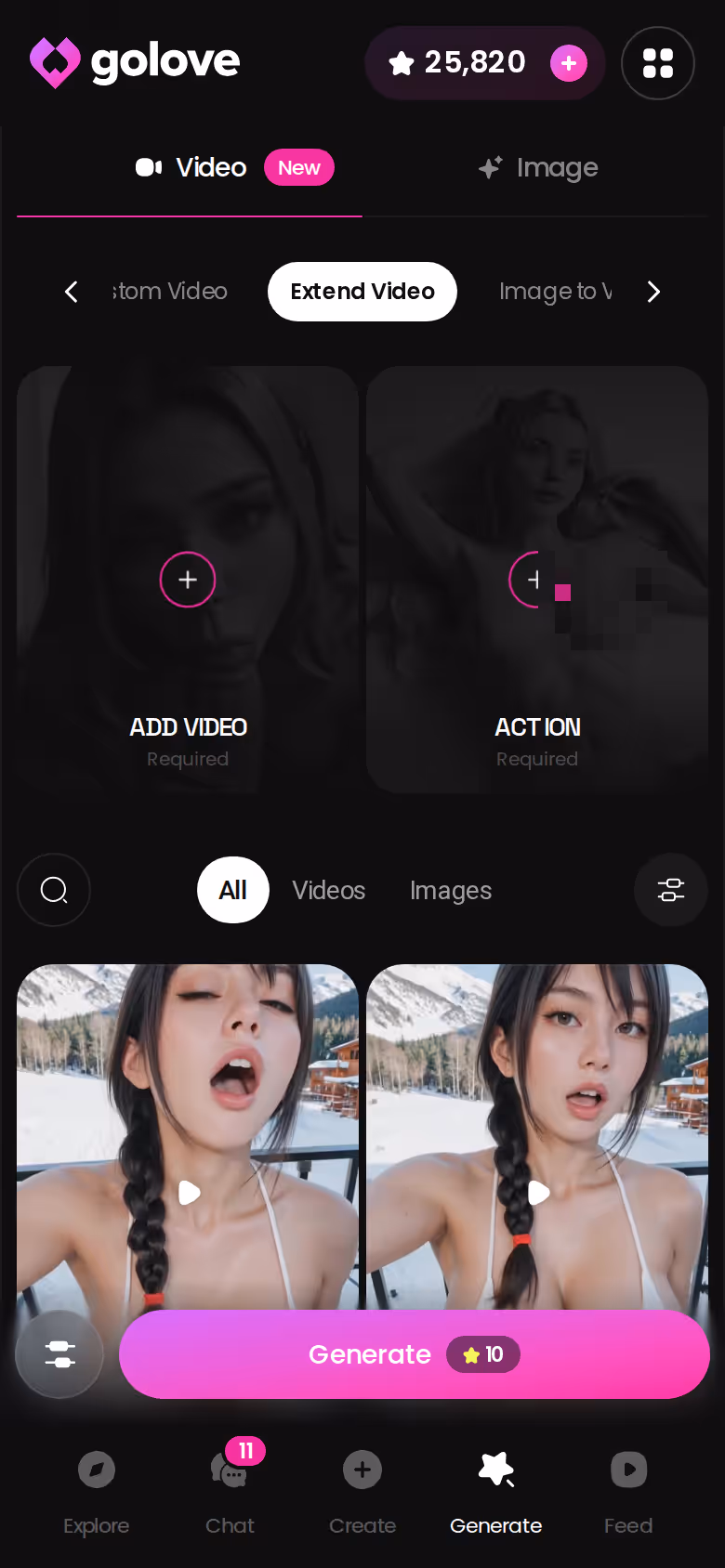 Extend Video on GoLove.ai mobile, stretching a generated clip past its original ending