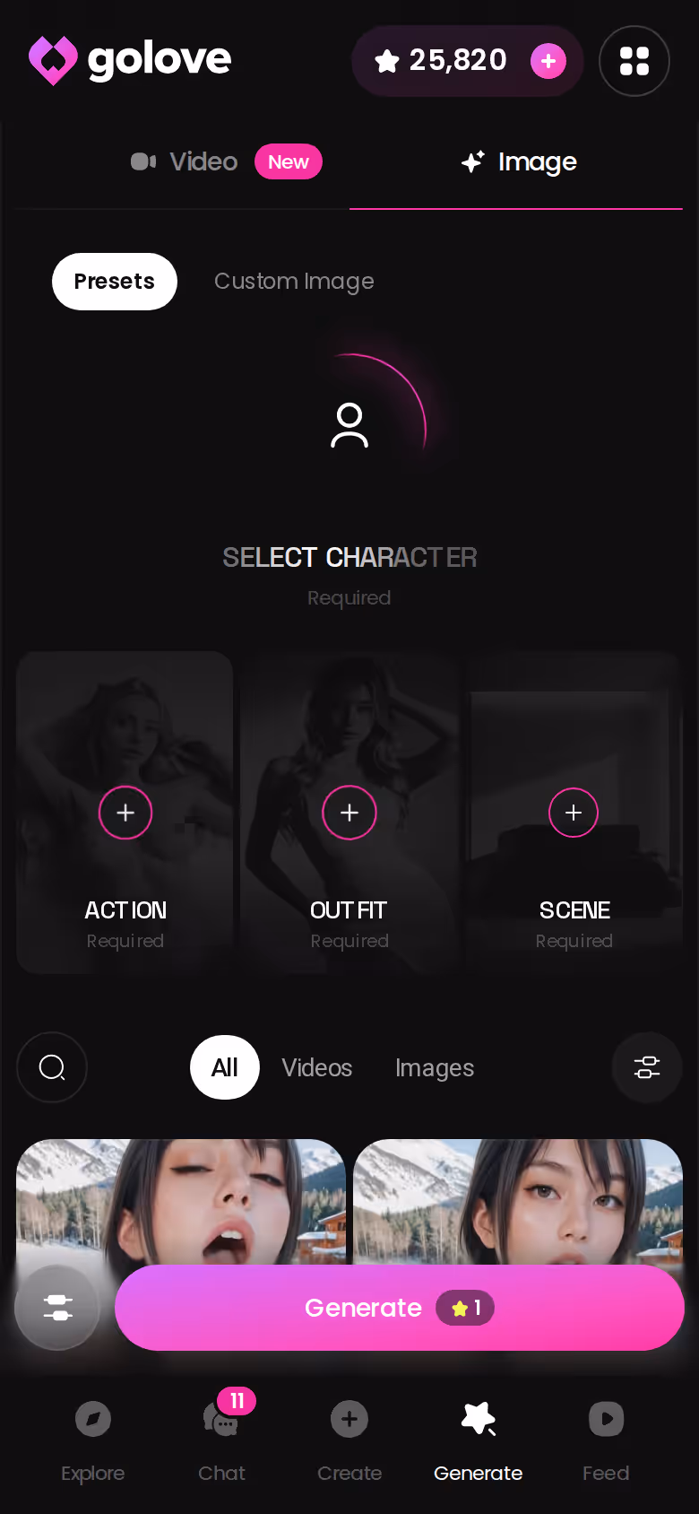 GoLove image generator on mobile with pose, outfit and background presets
