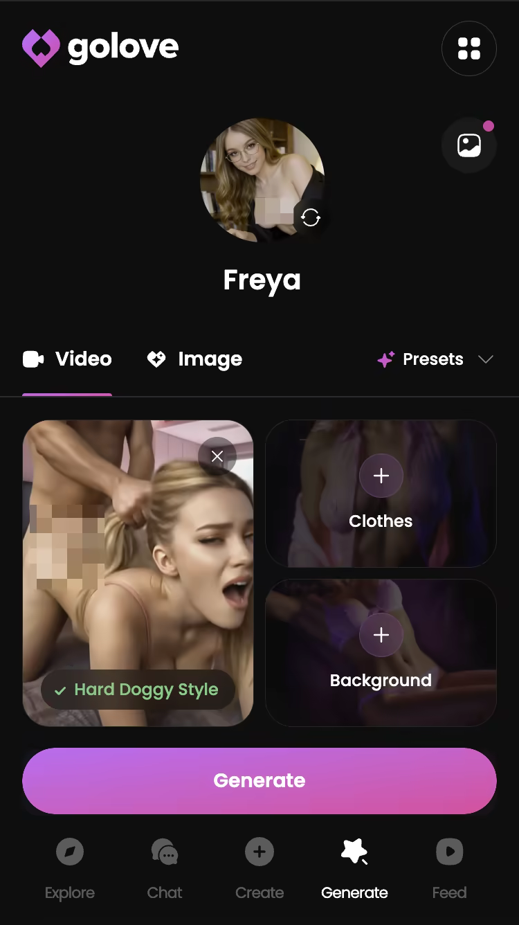Explicit action preset selected in the GoLove.ai video generator — ai video call