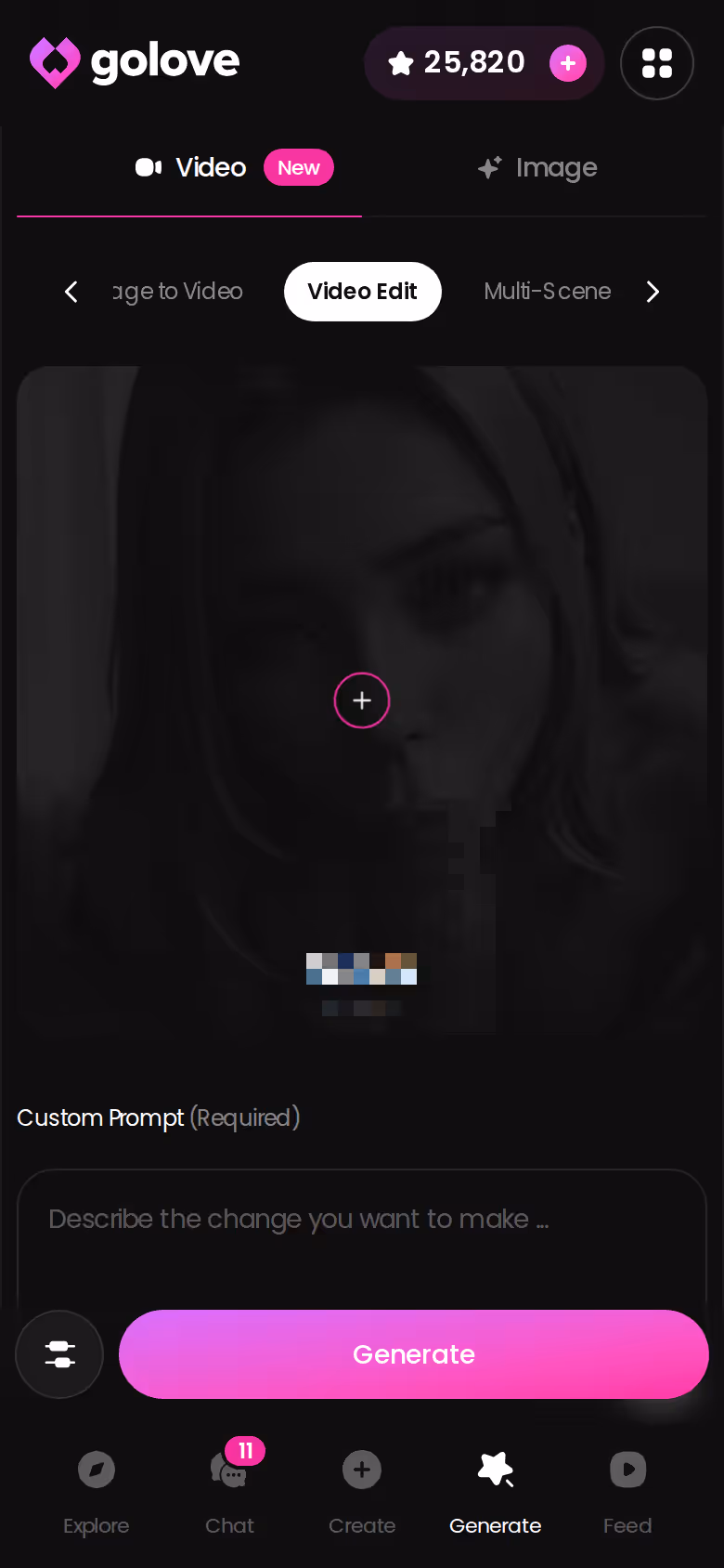 Mobile Video Edit mode in the GoLove.ai generator — bbw chan ai